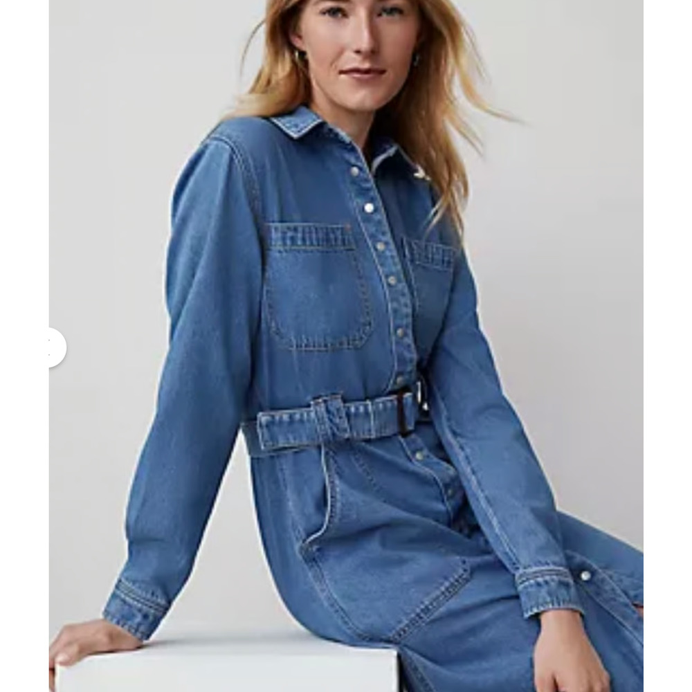 NEW ANN TAYLOR WEEKEND COLLECTION DENIM COLLARED COLUMN MIDI DRESS SZ 6 - Picture 4 of 8
